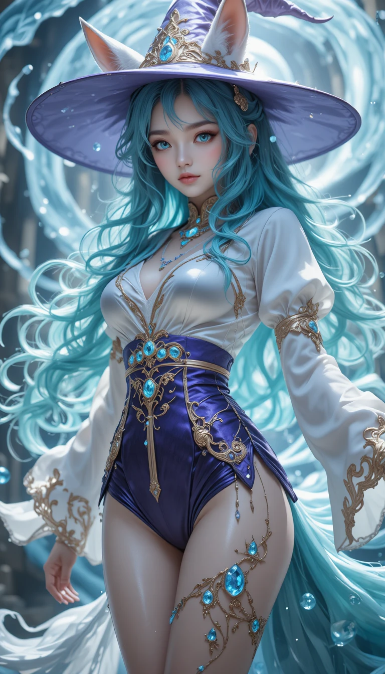 Maga kitsune del elemento agua con colas acuáticas en espiral