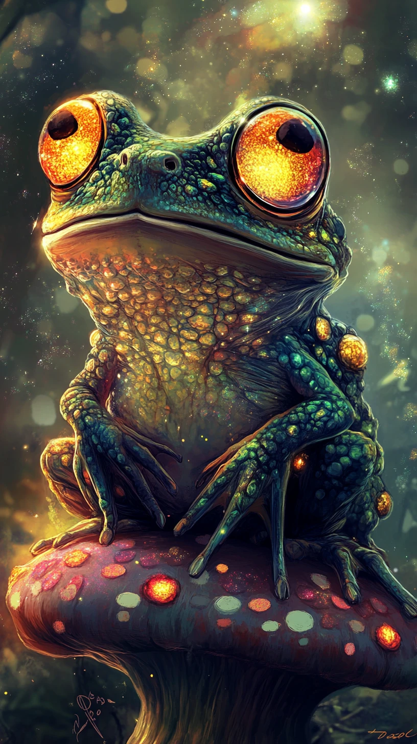 Surreal frog resting on a glowing magical mushroom