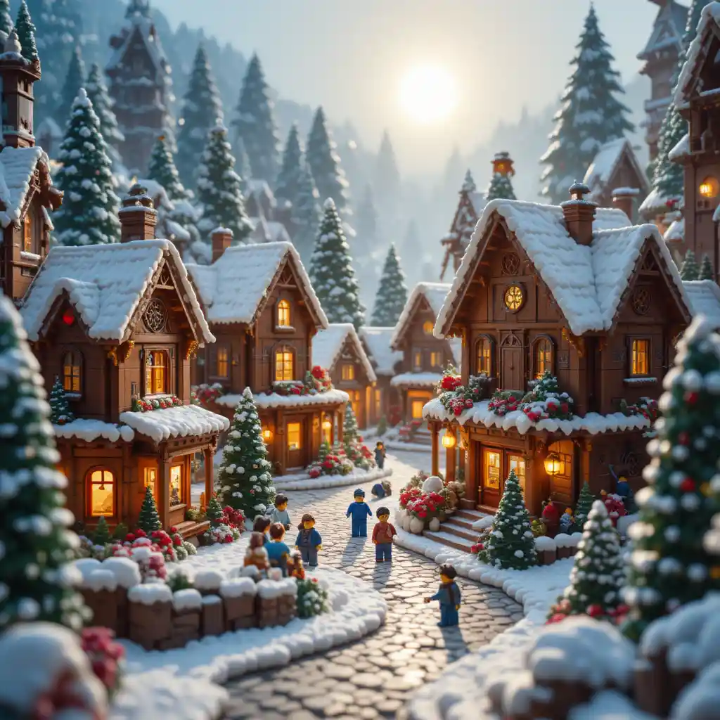 Fotorealistisches Lego-Winterdorf im Schneefall