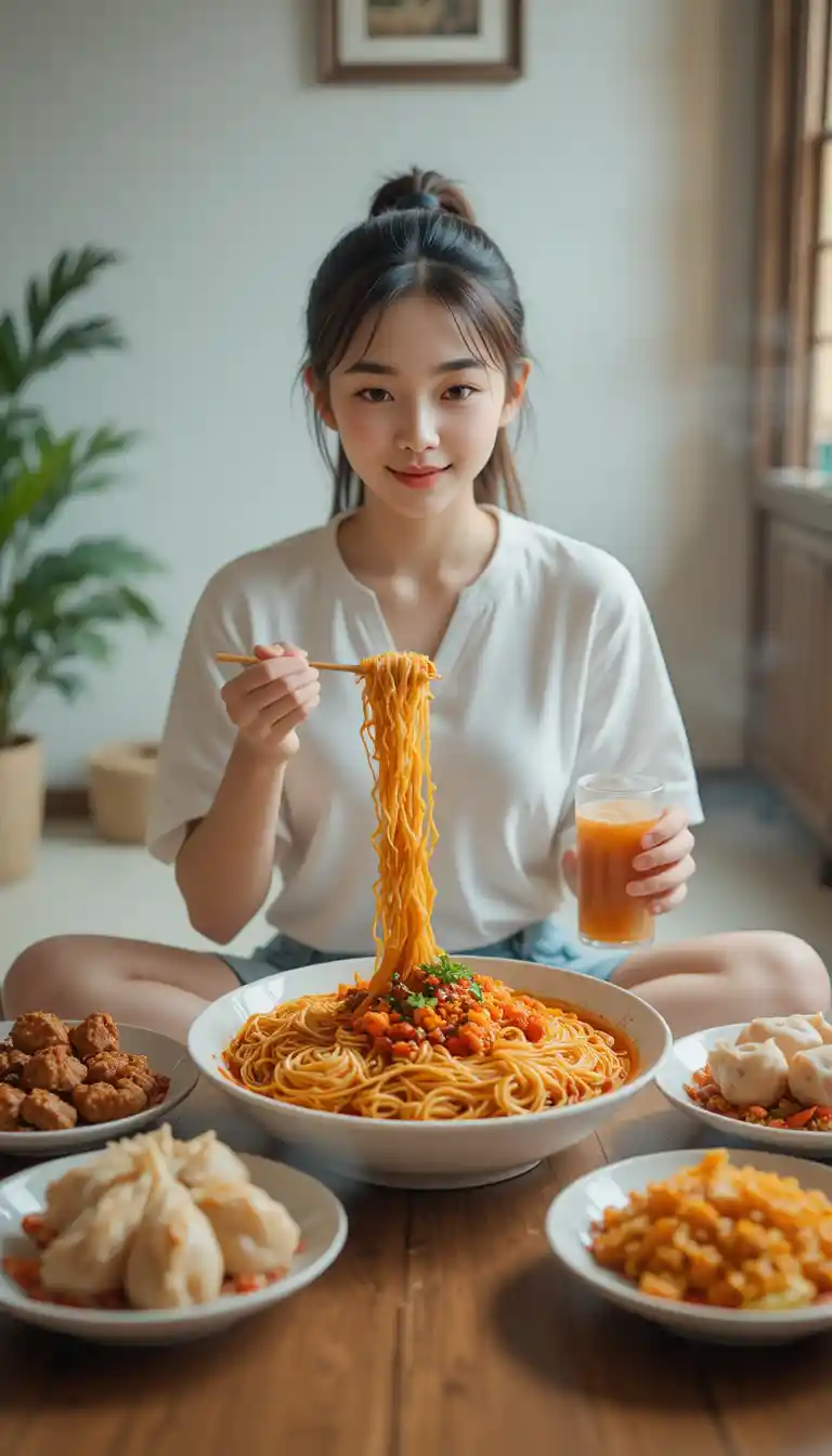 Jeune Chinoise mangeant des nouilles épicées à une table chaleureuse à la maison