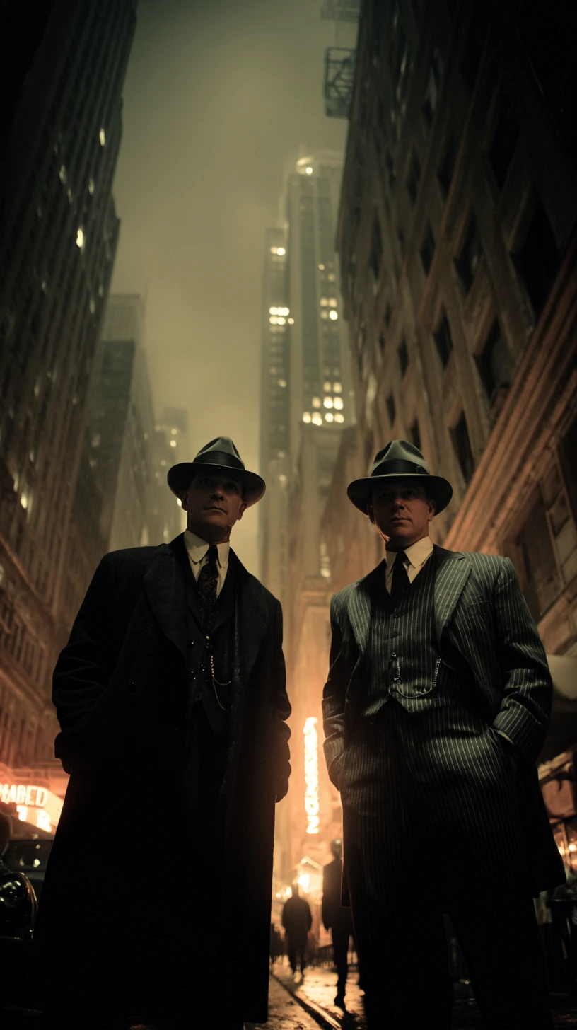 Gangster und Polizei in einer dunklen Gasse der 1920er Jahre