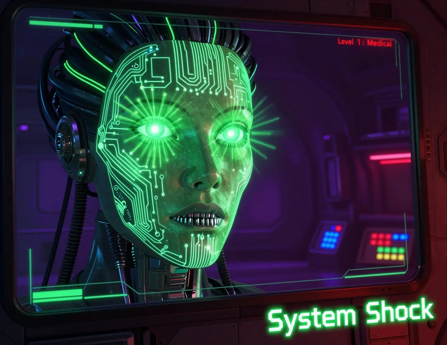 Futuristic cyborg interface in a dark space station room