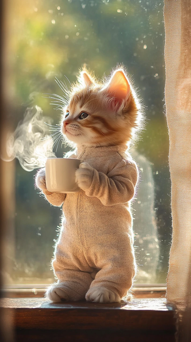 Kätzchen im Pyjama mit Kaffee auf einer sonnenbeschienenen hölzernen Fensterbank