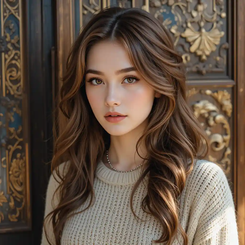 Calm young woman portrait by ornate antique wooden door