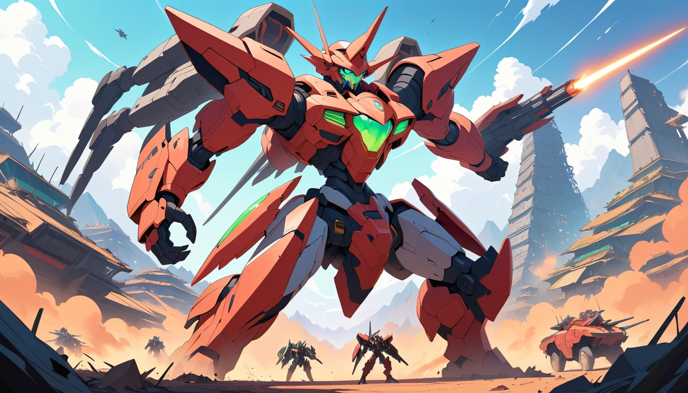 Armored anime mecha crushing alien forces in battle