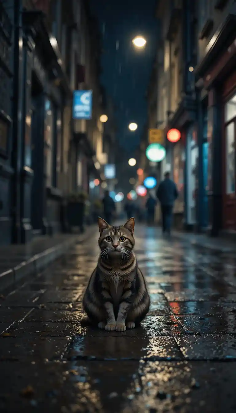 Lonely stray cat in a rainy London alley at night