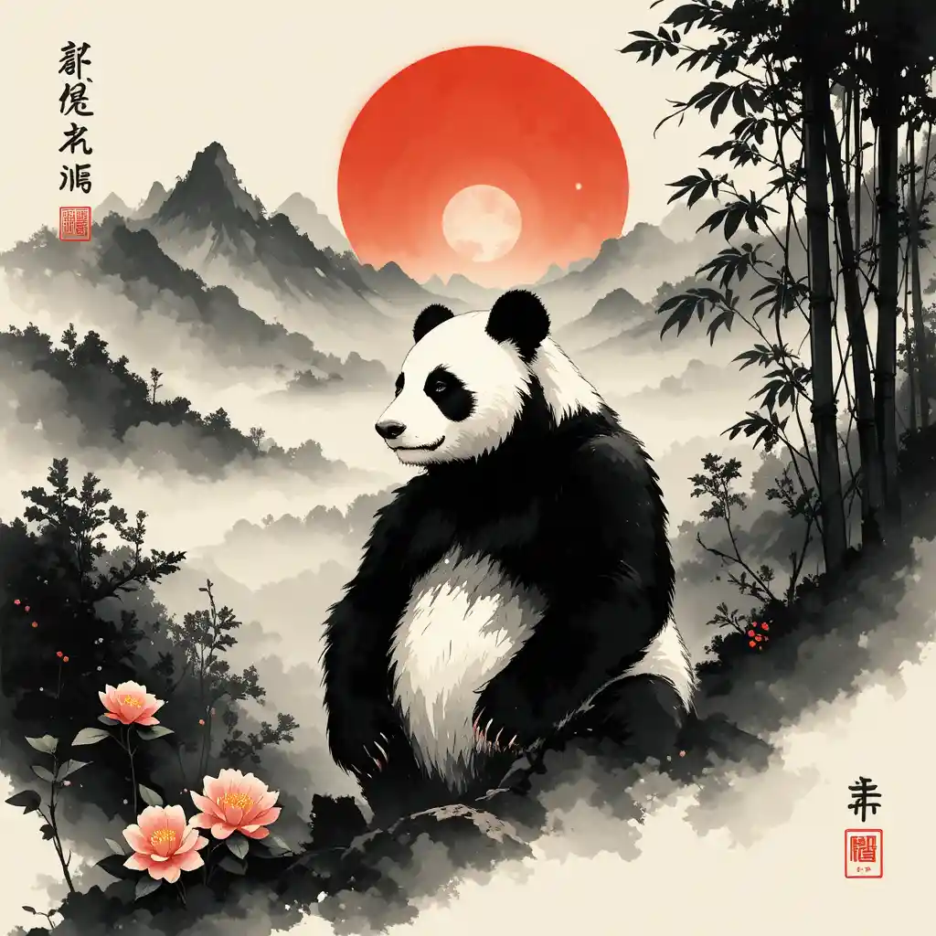 Panda Guerrier dans une Forêt de Bambous Sereine en Peinture à l’Encre