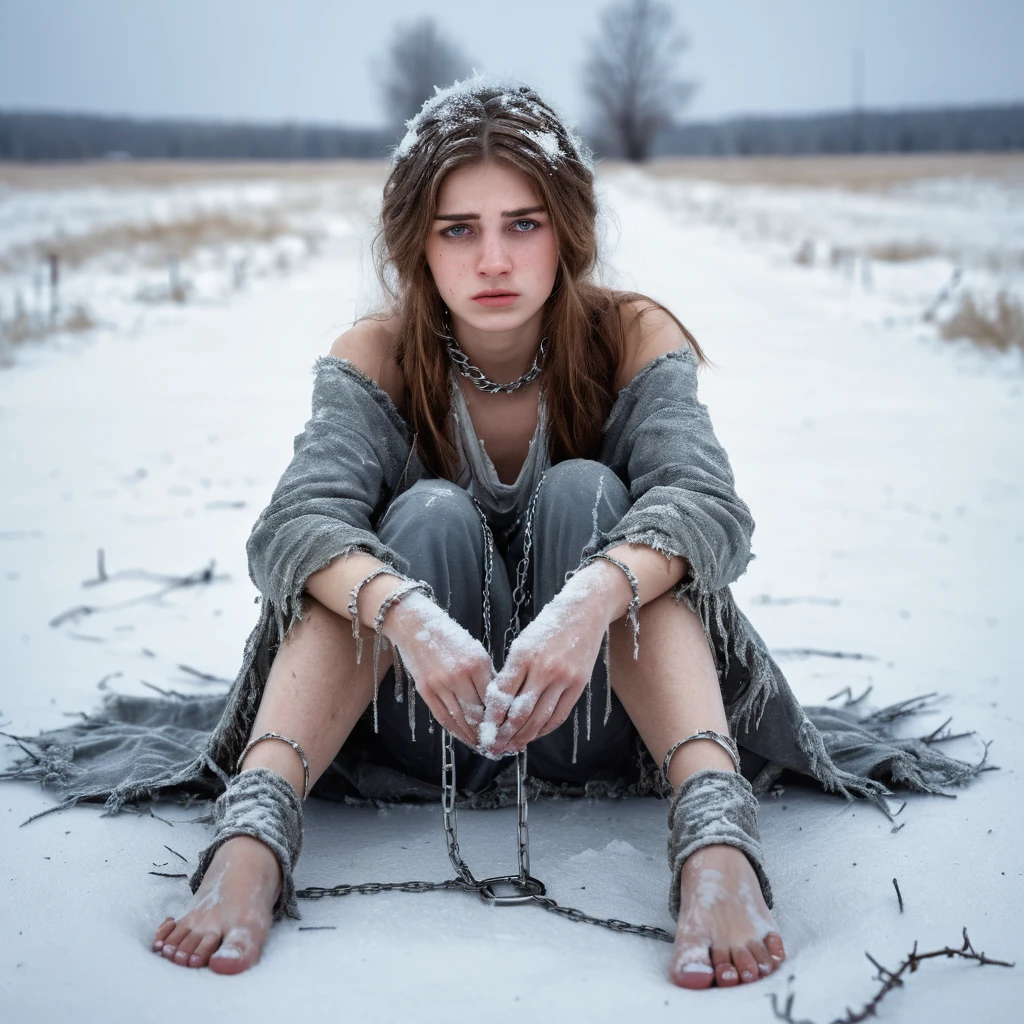 Young woman chained in snow with frostbitten bare feet