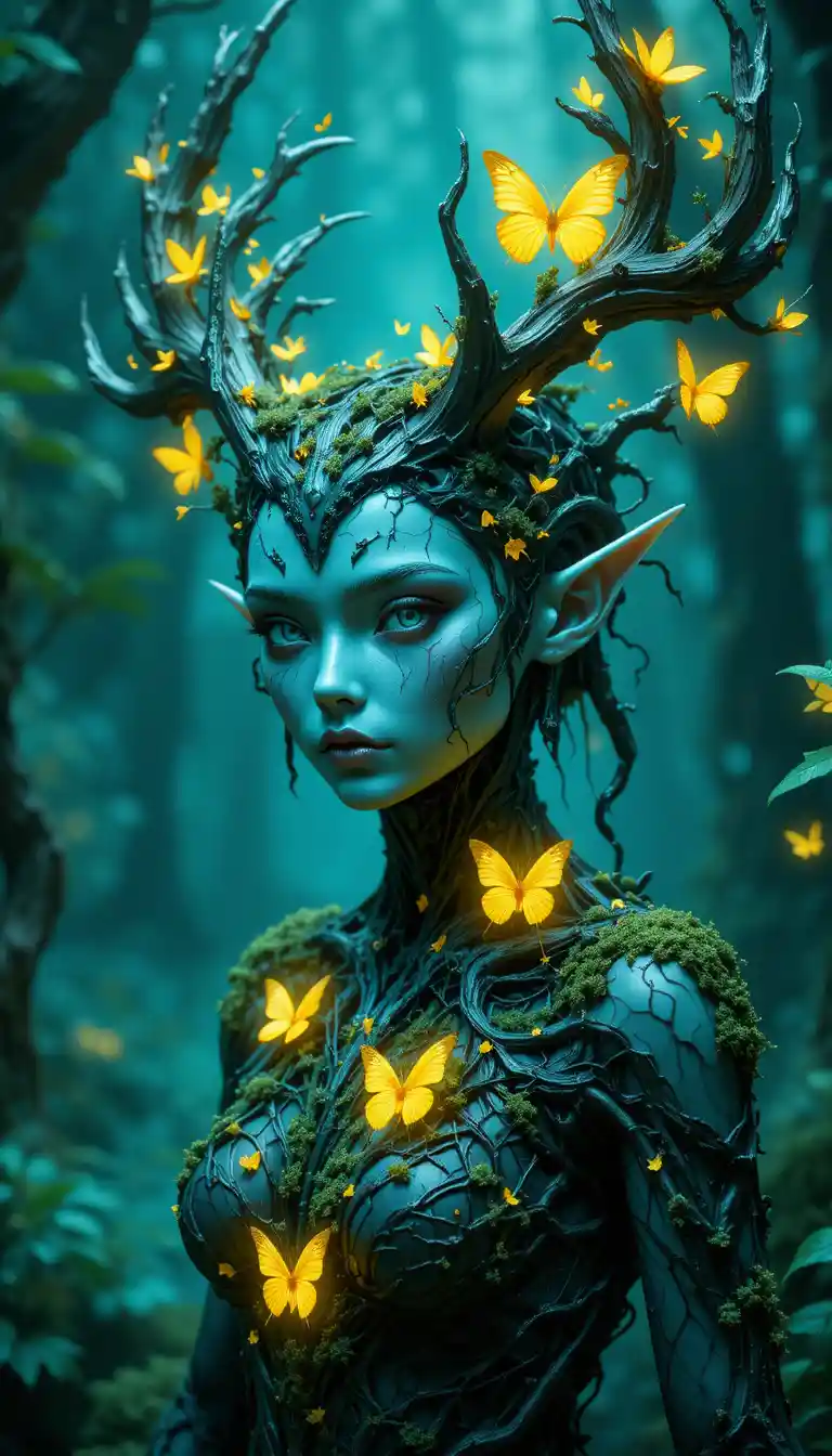 Forest dryad woman with antlers and glowing butterflies