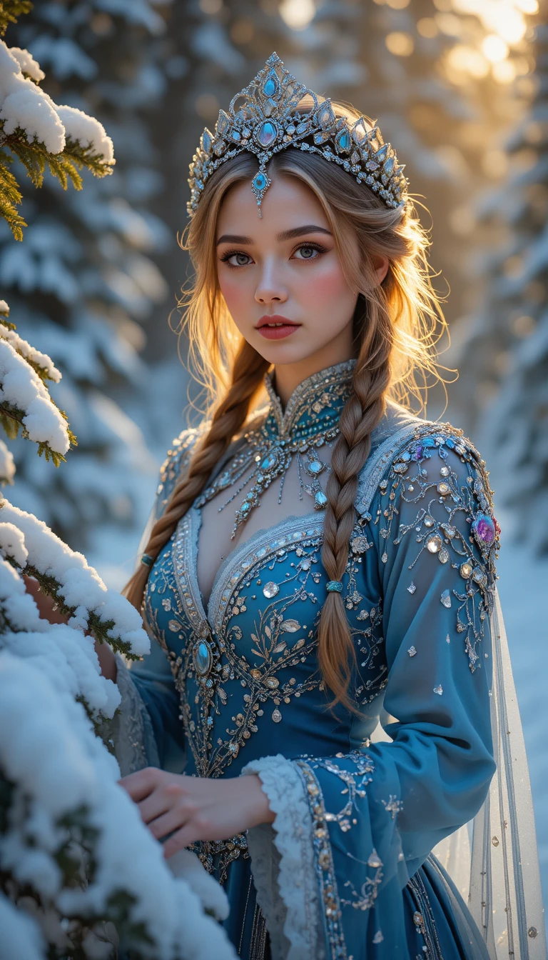 Snow maiden woman in blue fur coat touching snowy branch