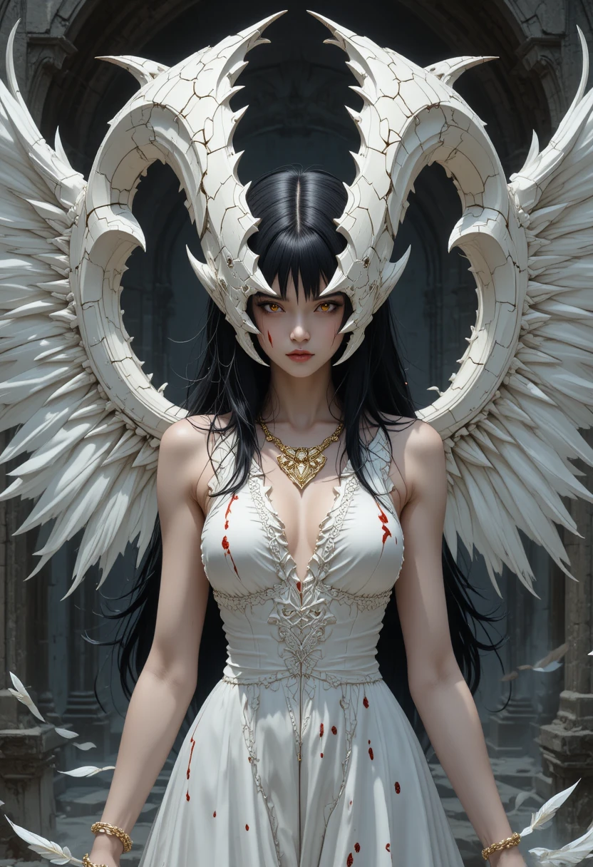 Horned anime woman with dark wings in gothic ruins