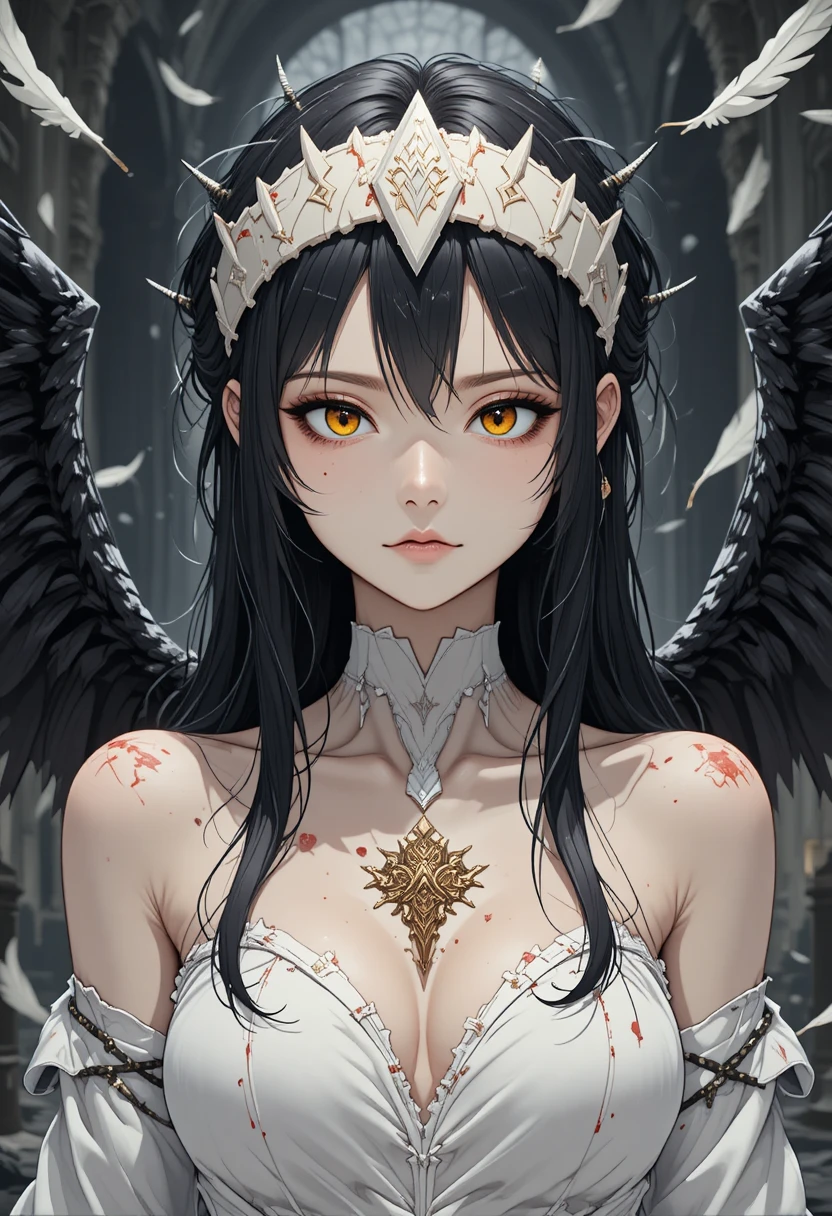 Dark winged woman in tattered gown before gothic ruins