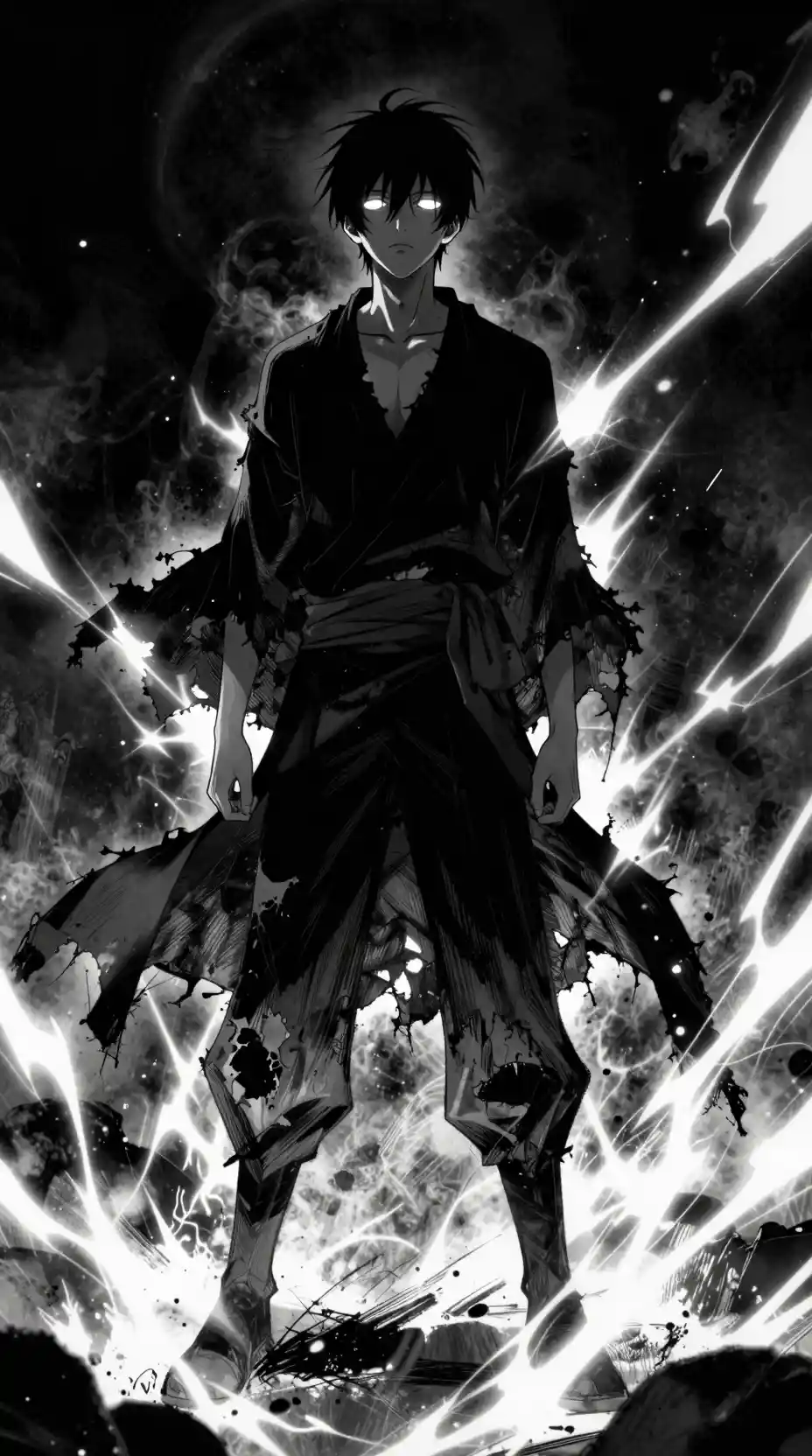 Ragazzo anime solitario tra le fiamme con freddi occhi luminosi