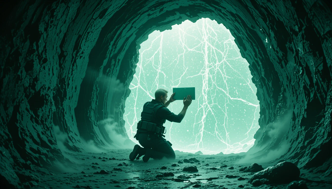 Two soldiers struggle in a collapsing emerald chamber
