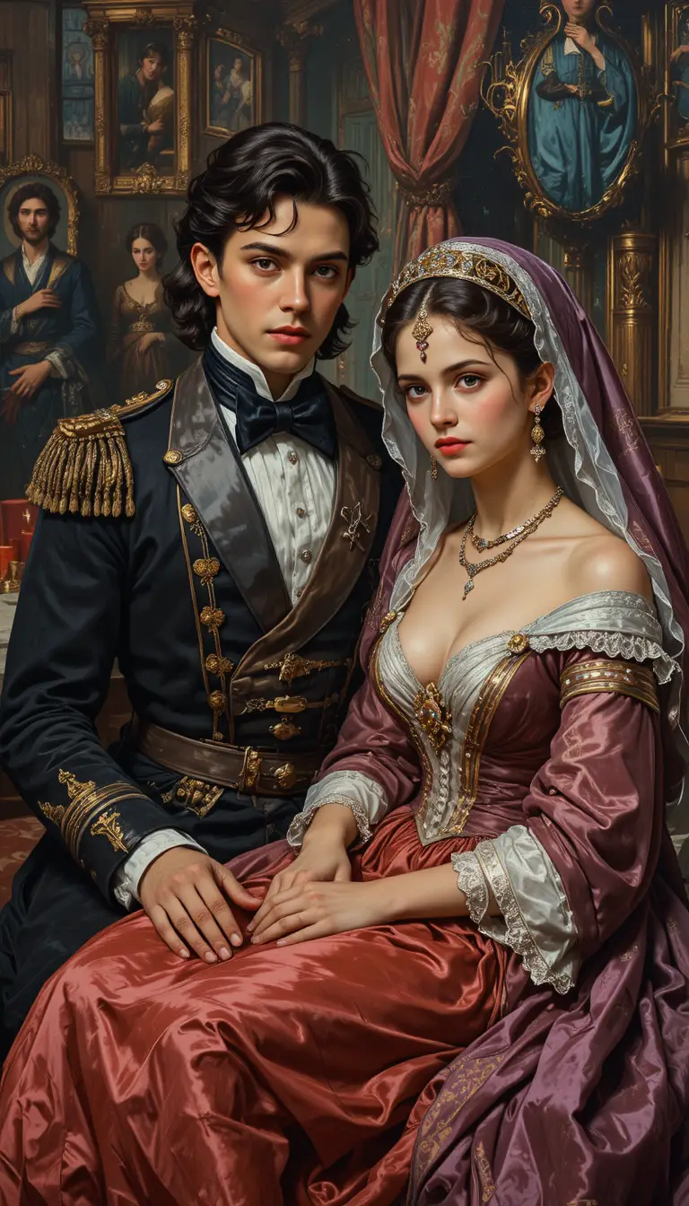 Arabian royal couple resting together in a palace bed
