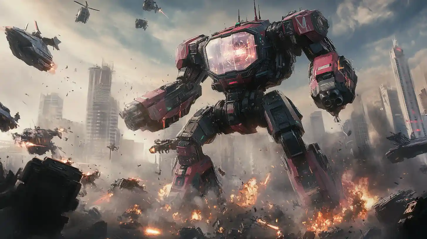 Armored anime mecha crushing alien forces in battle