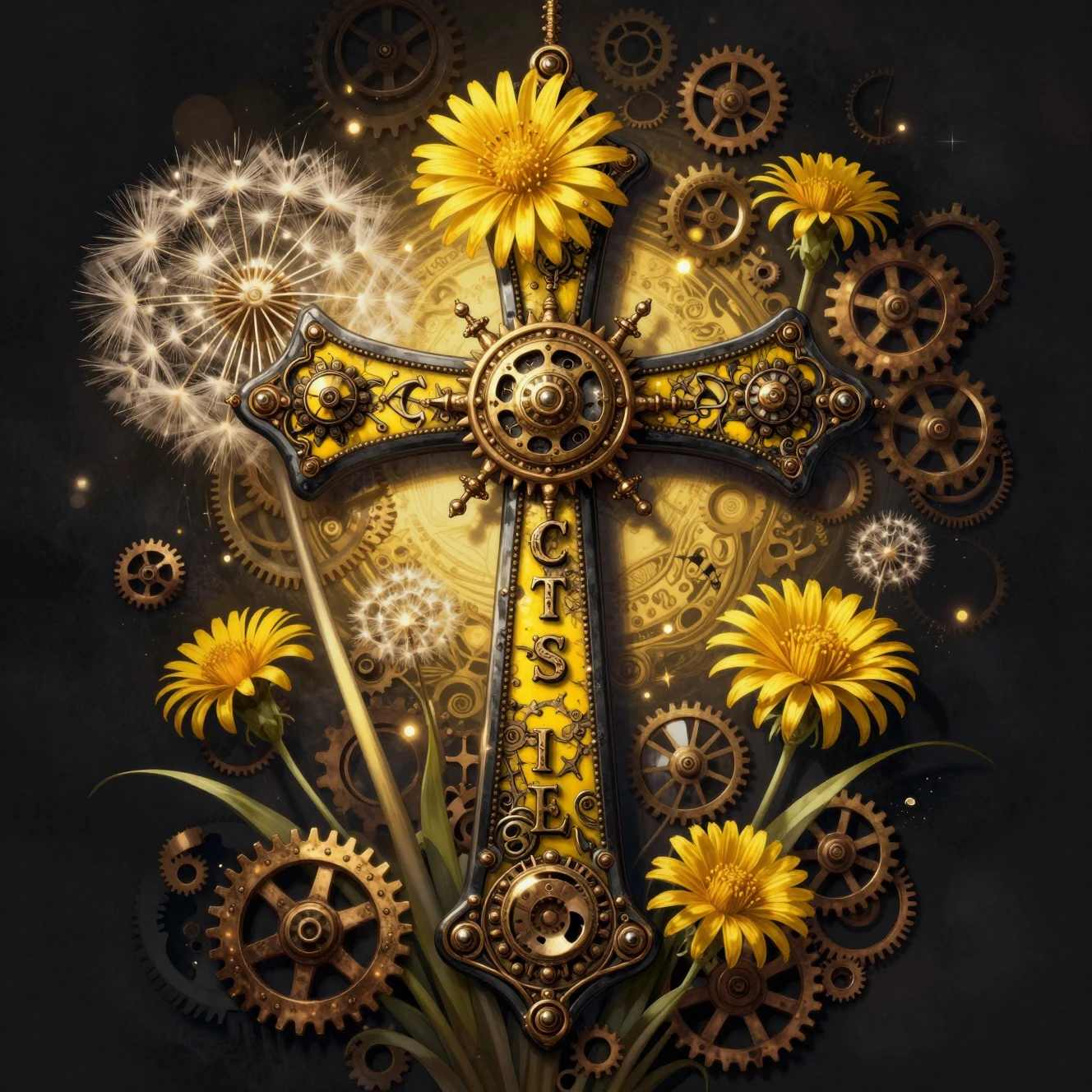 Croix steampunk dorée avec engrenages et ornements floraux