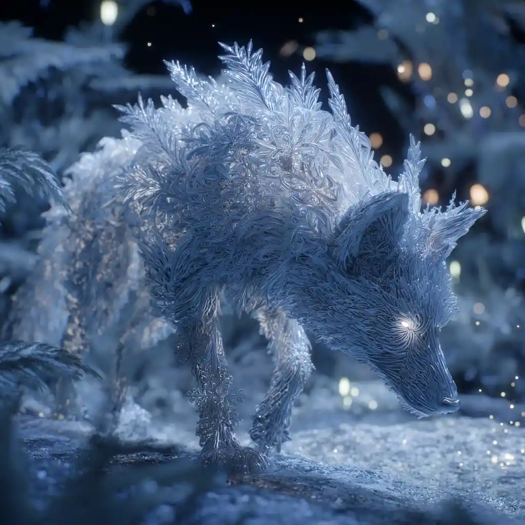 Kristalliner Schneeflocken-Wolf, der eine gefrorene biolumineszente Tundra verfolgt