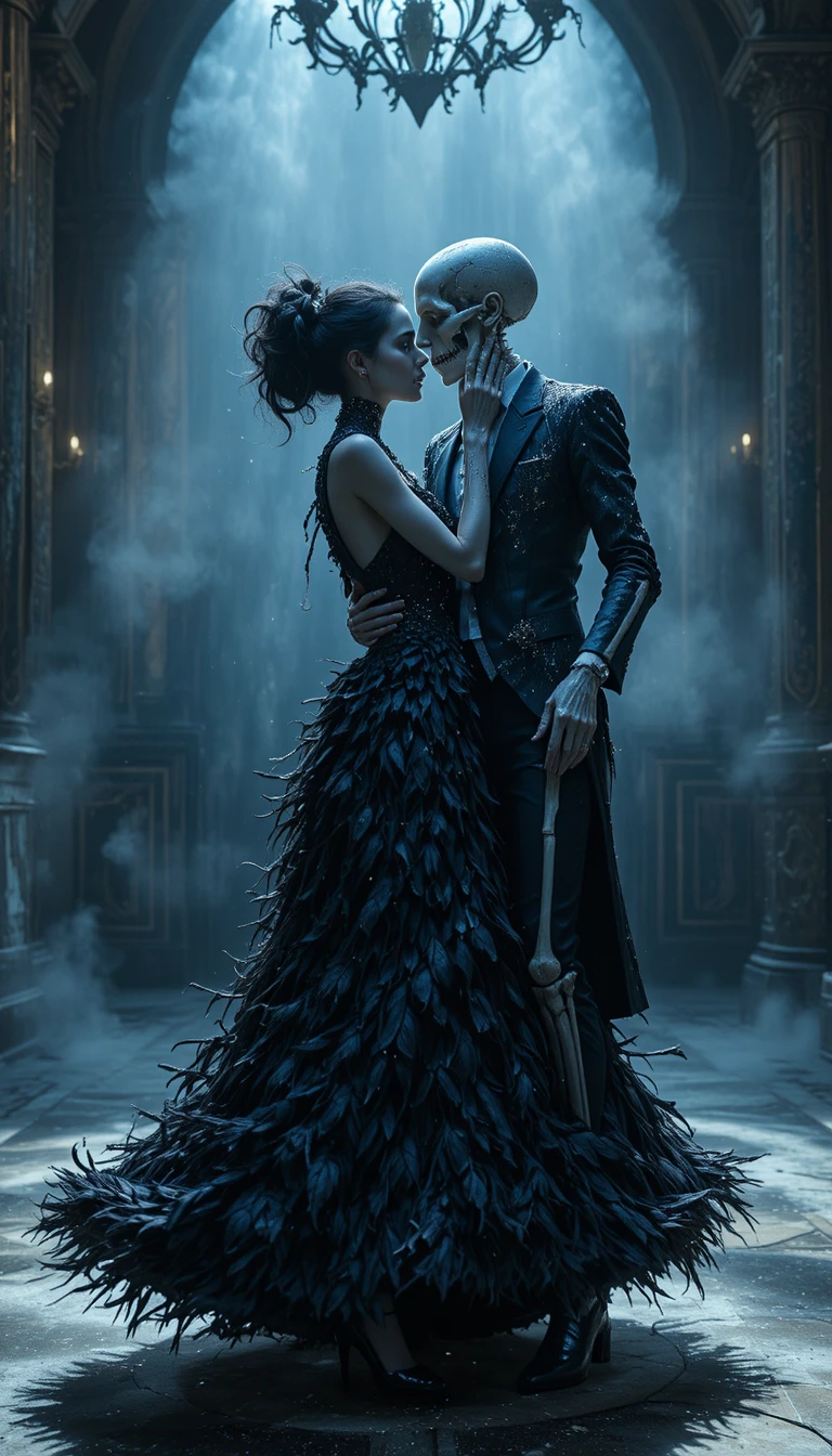 Haute couture woman dancing tenderly with a skeleton