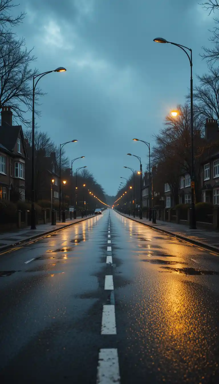 Quiet London suburban street at dusk with wet reflections