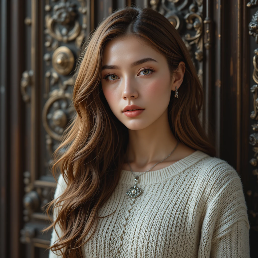 화려한 앤티크 나무 문을 배경으로 한 젊은 여성 초상