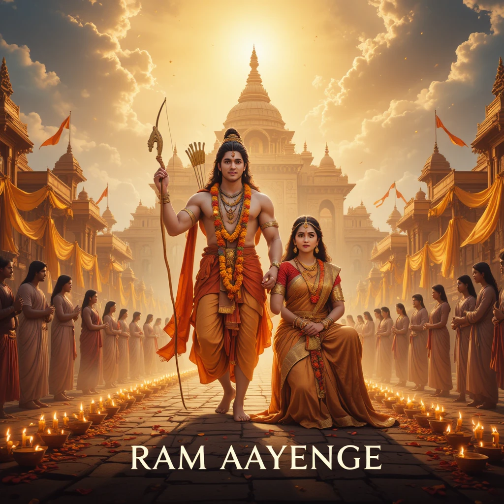 Couple divin entrant dans une rue d’Ayodhya illuminée par des diyas