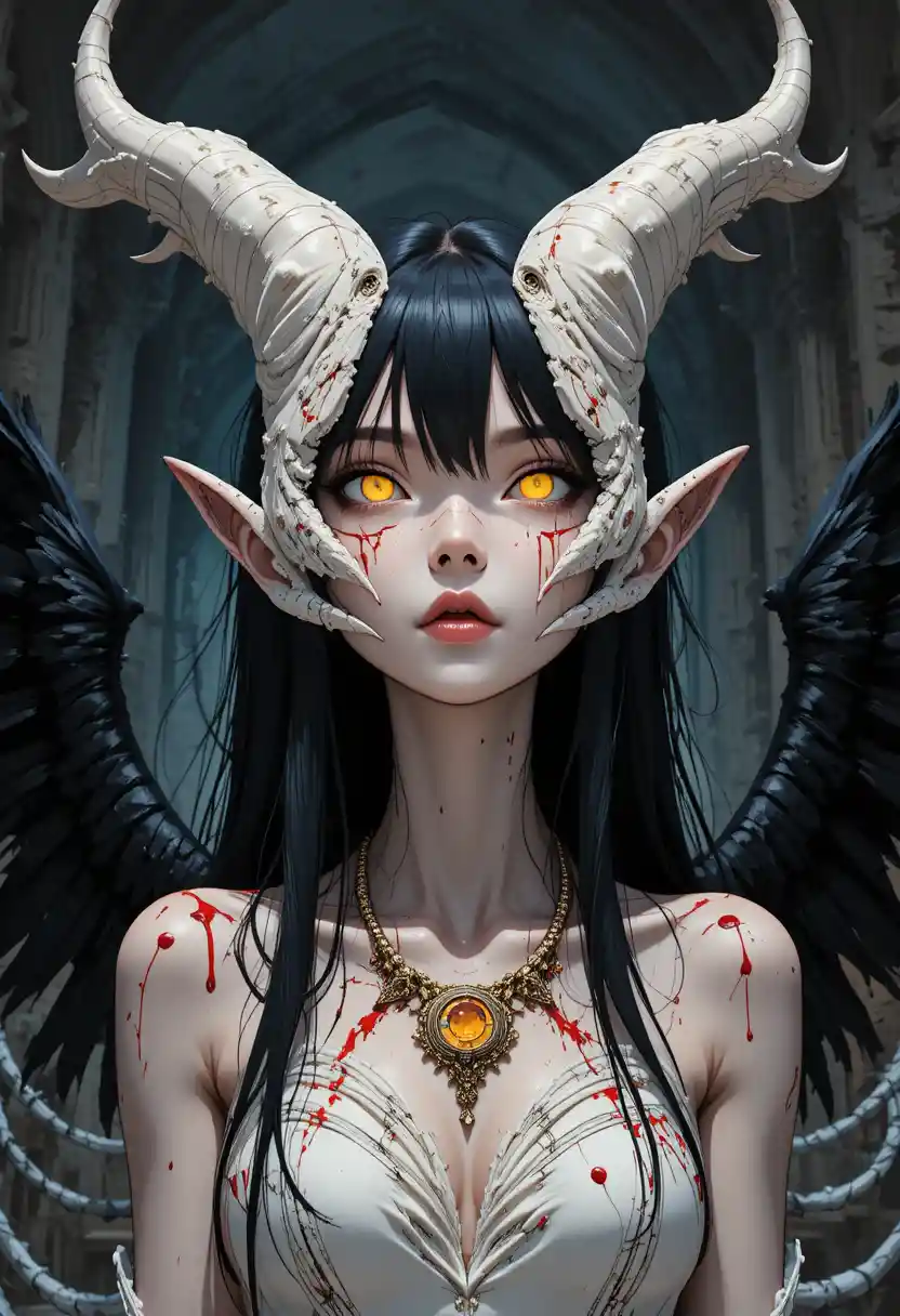 Battle scarred anime woman with horns and black wings
