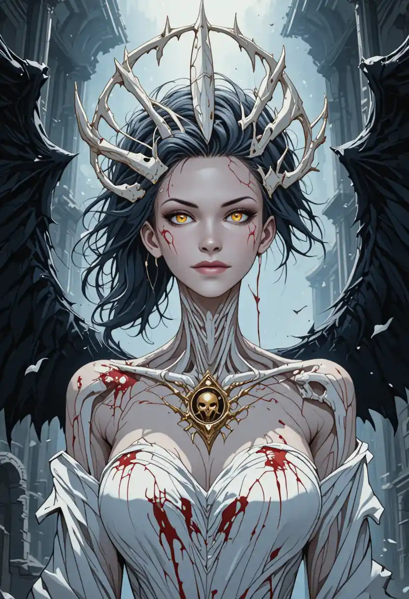 Yandere anime woman with bone halo and black wings