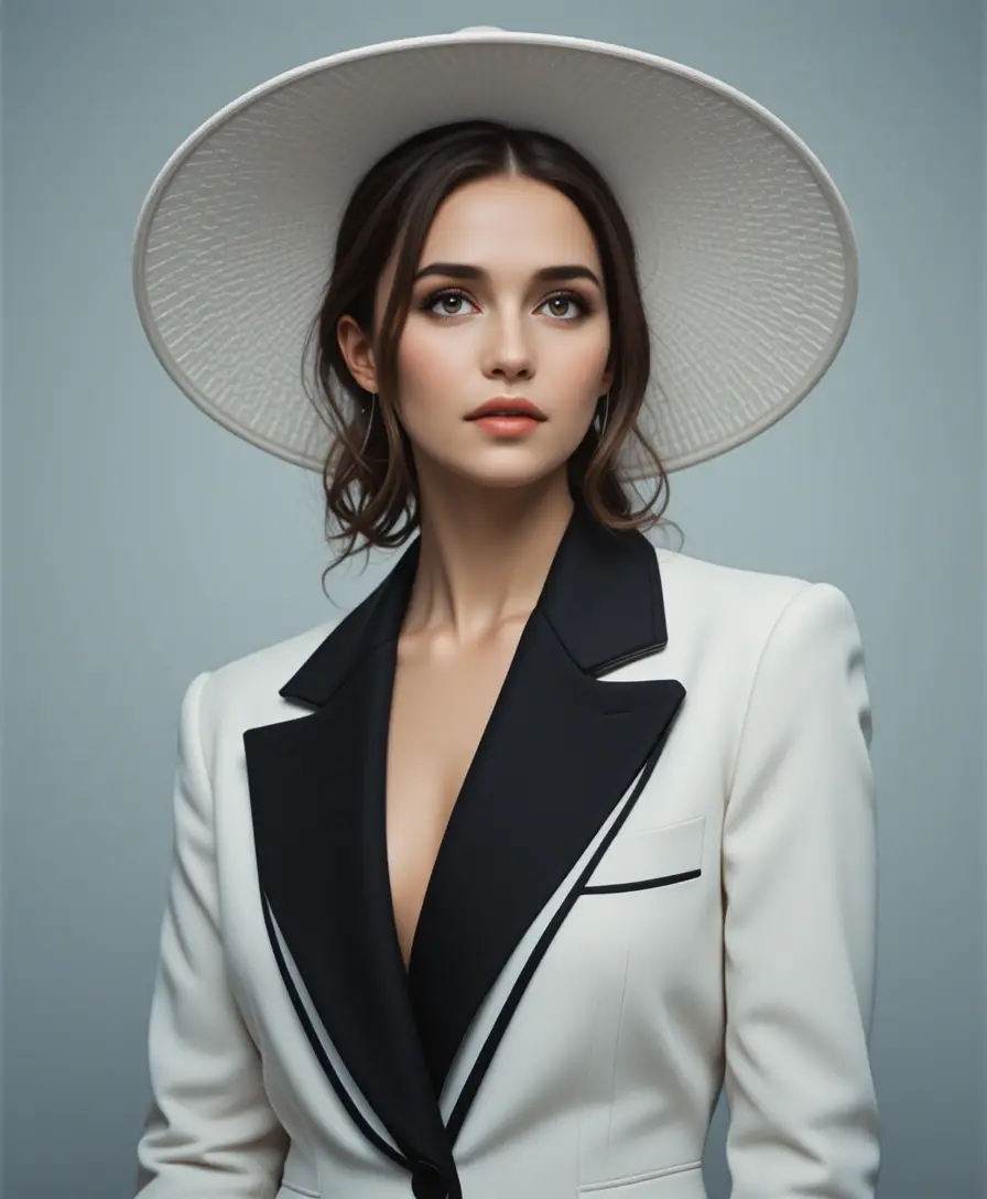 Elegant woman in white suit and wide brim hat portrait