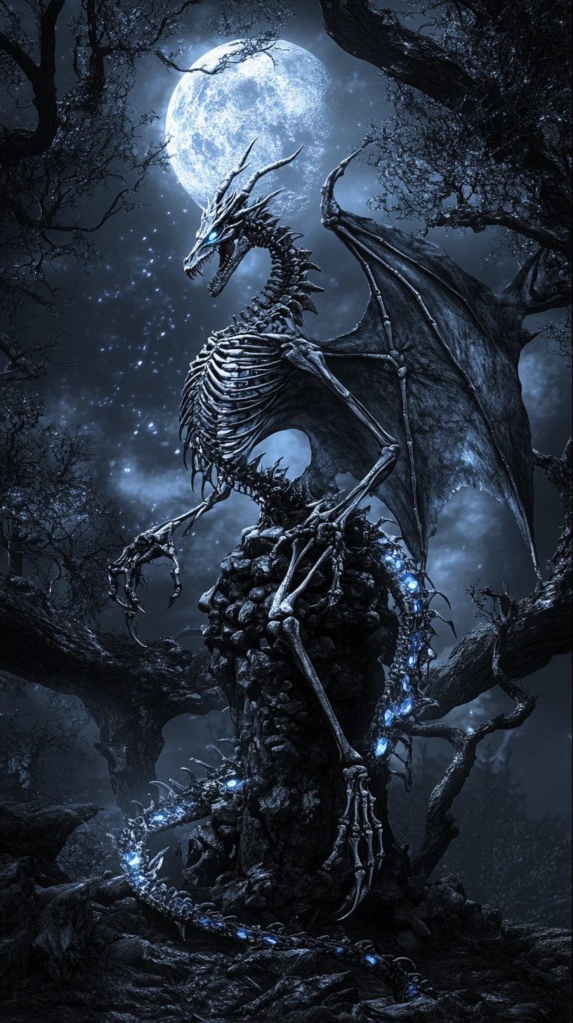 Ethereal skeletal dragon queen on a dark forest throne