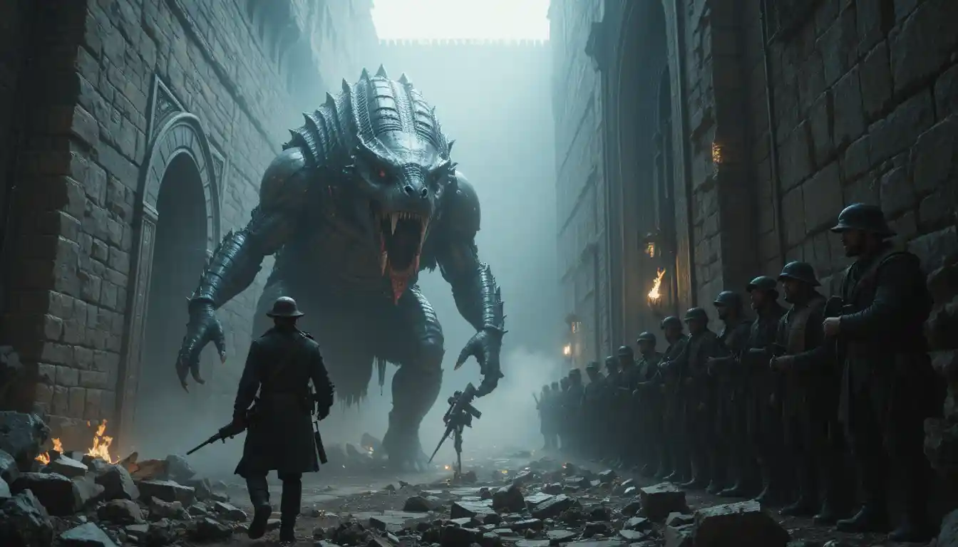 Armored beast stalks a dark fortress corridor