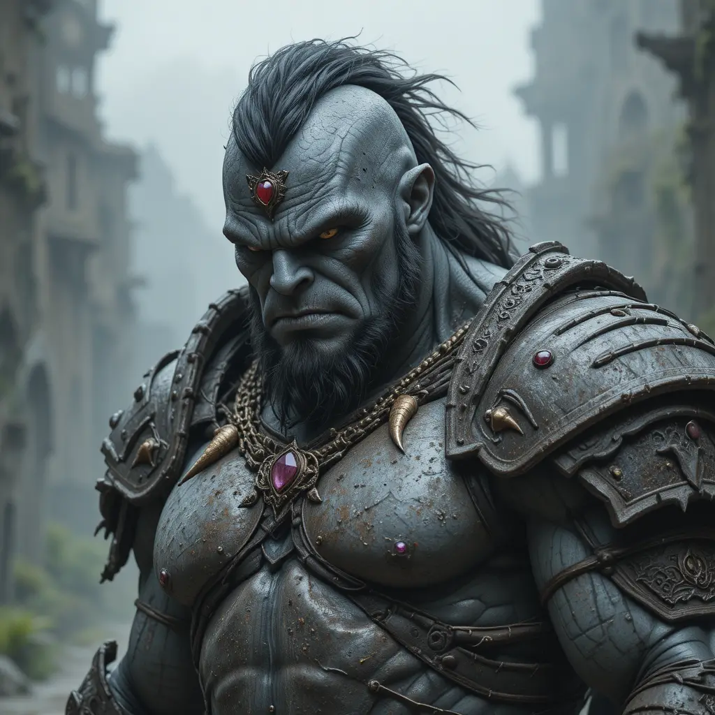 Fierce male orc warrior in revealing armored battle attire