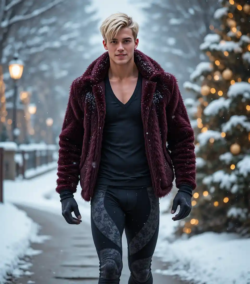 Blond young man walking in winter street by Christmas tree