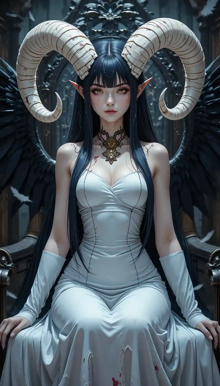 Demonic winged anime woman in a torn white gown