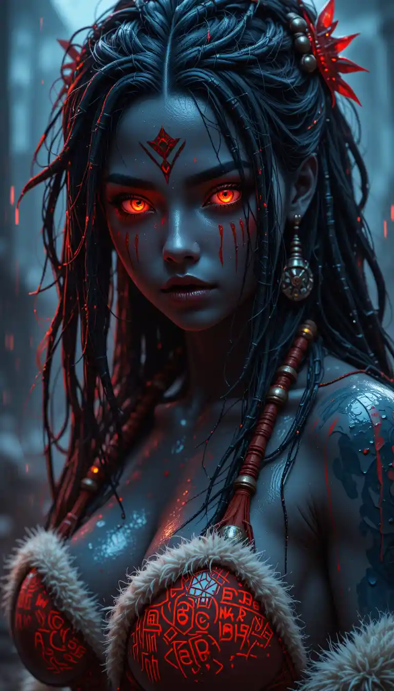 Tribal anime warrior woman in heavy rain with glowing eyes