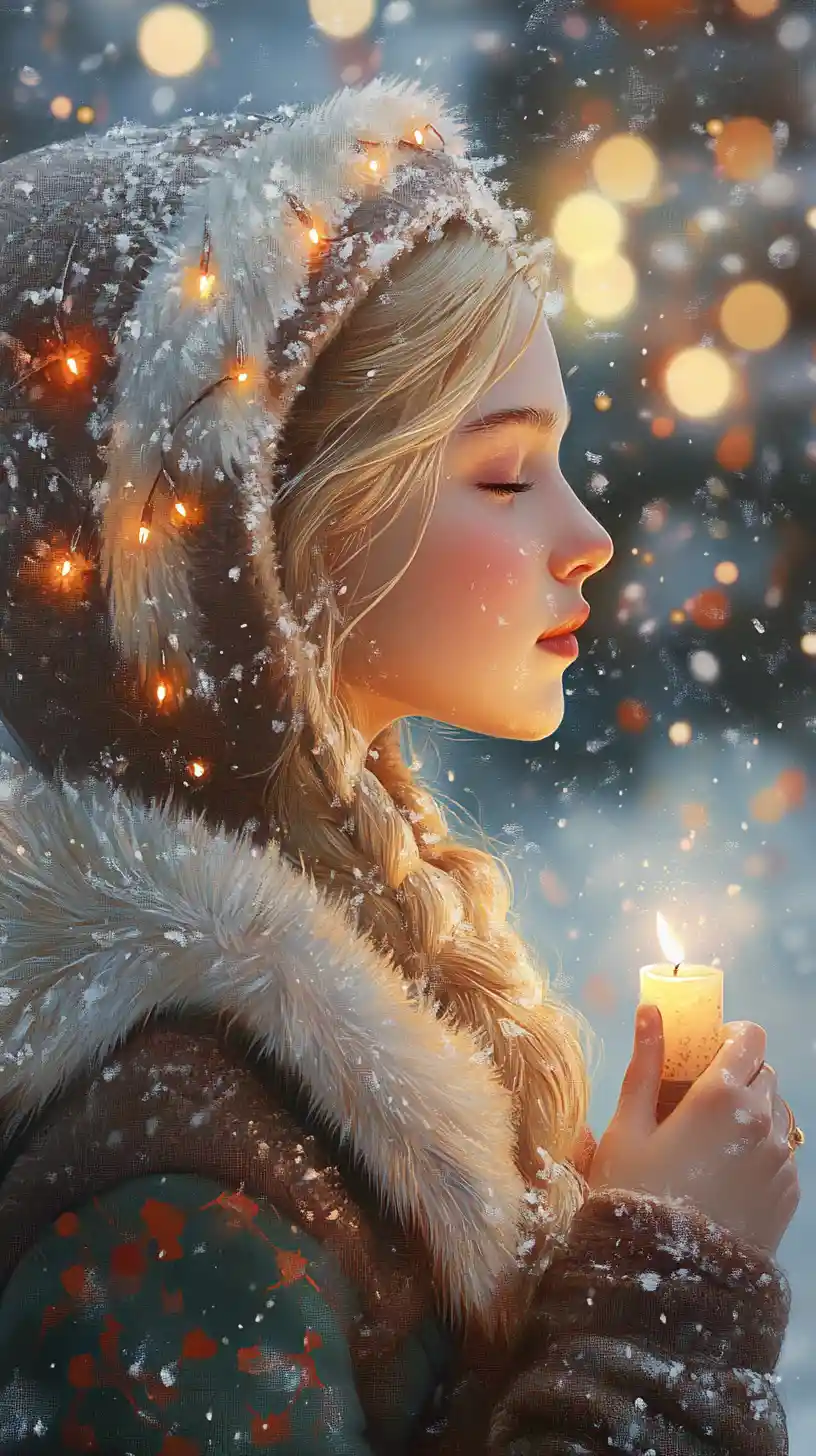 Young woman in fur hood holding a candle in snow