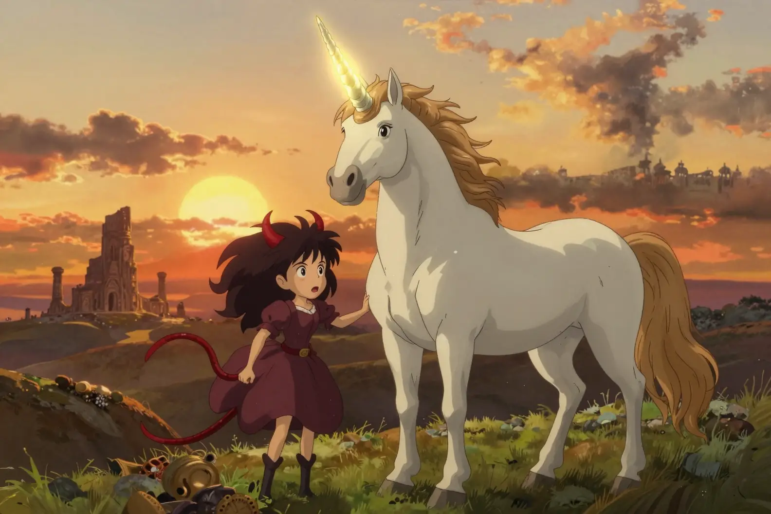 Unicorn Guarding A Rebel Woman At Sunset Ruins