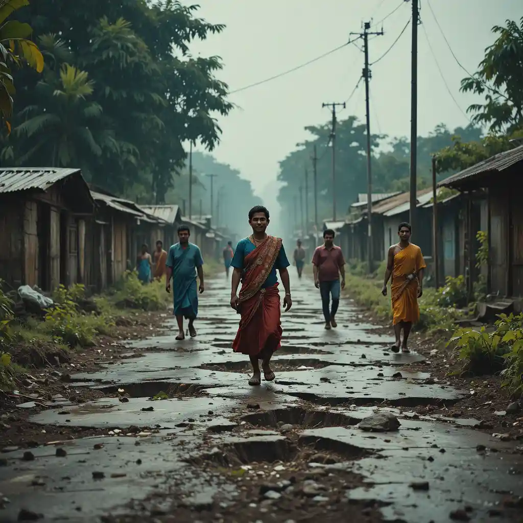 Villaggi che camminano su una strada dissestata nell'India rurale