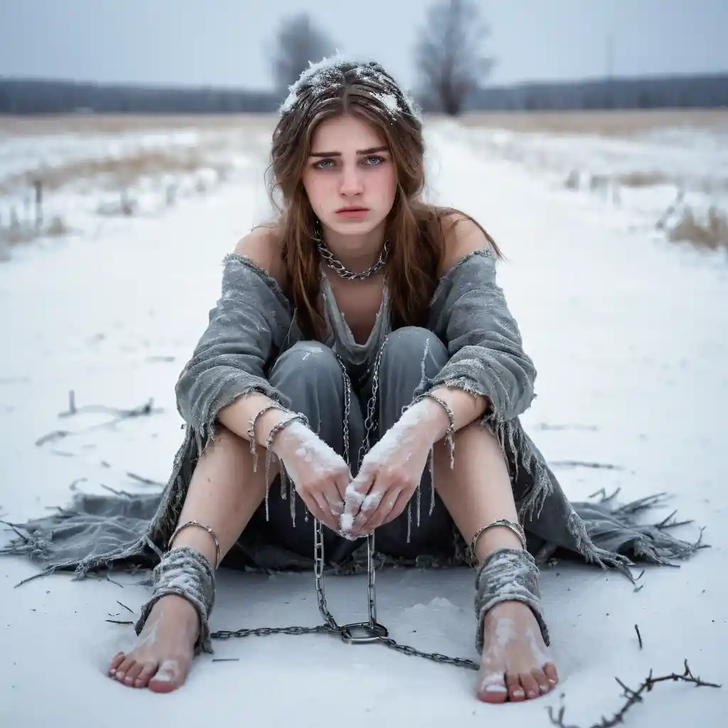 Young woman chained in snow with frostbitten bare feet