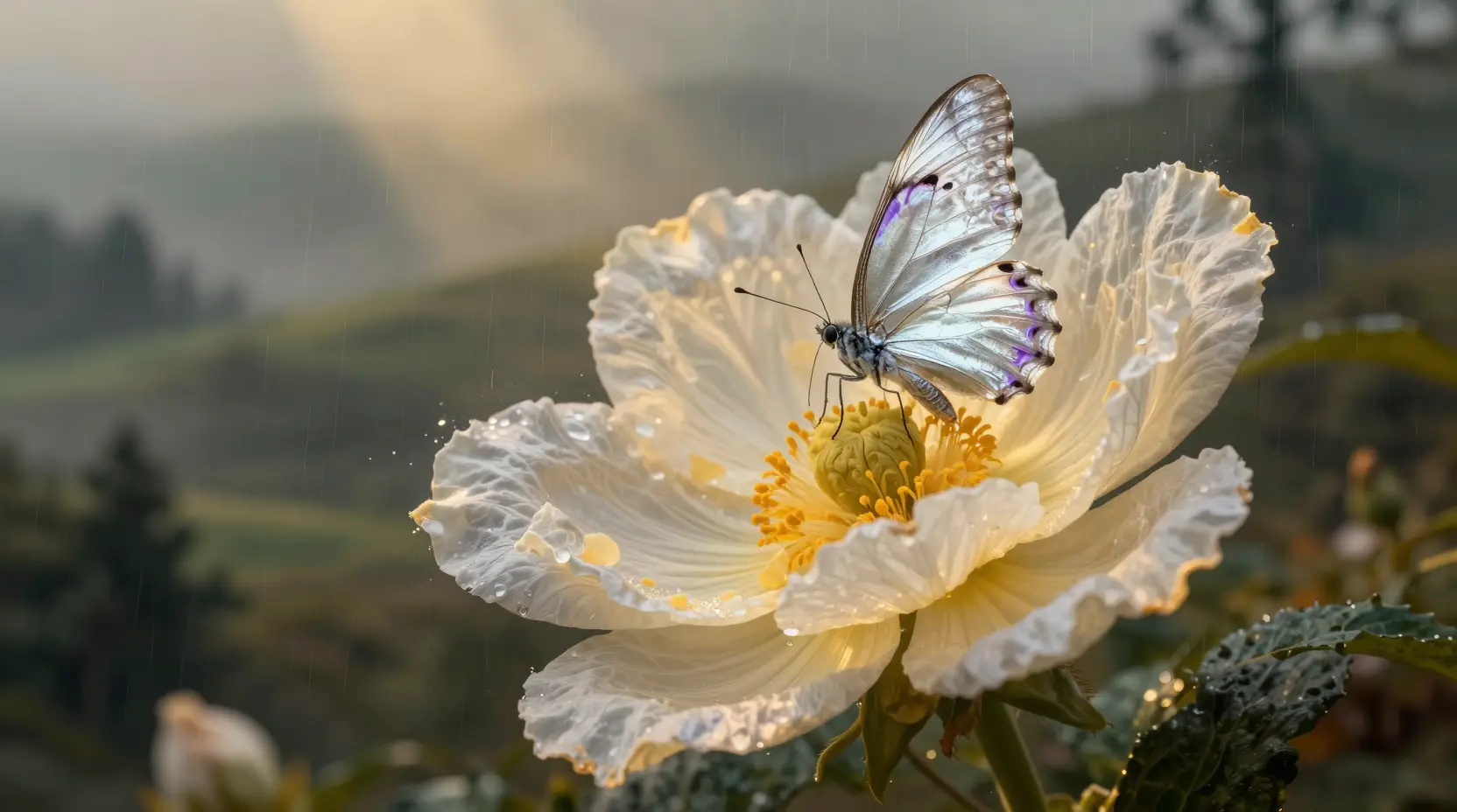 Glowing flower with silver butterfly in misty forest hills