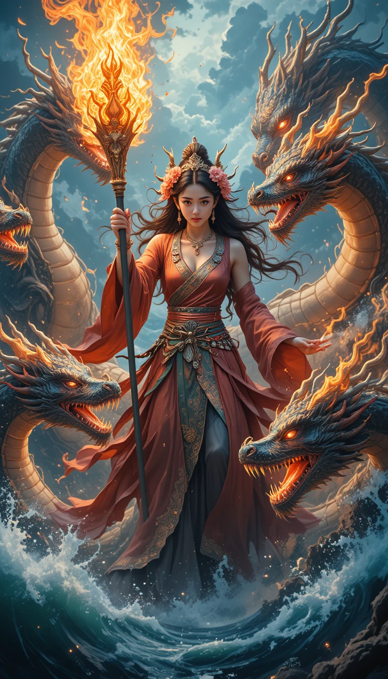 Mythic woman with flaming staff commanding fierce dragons