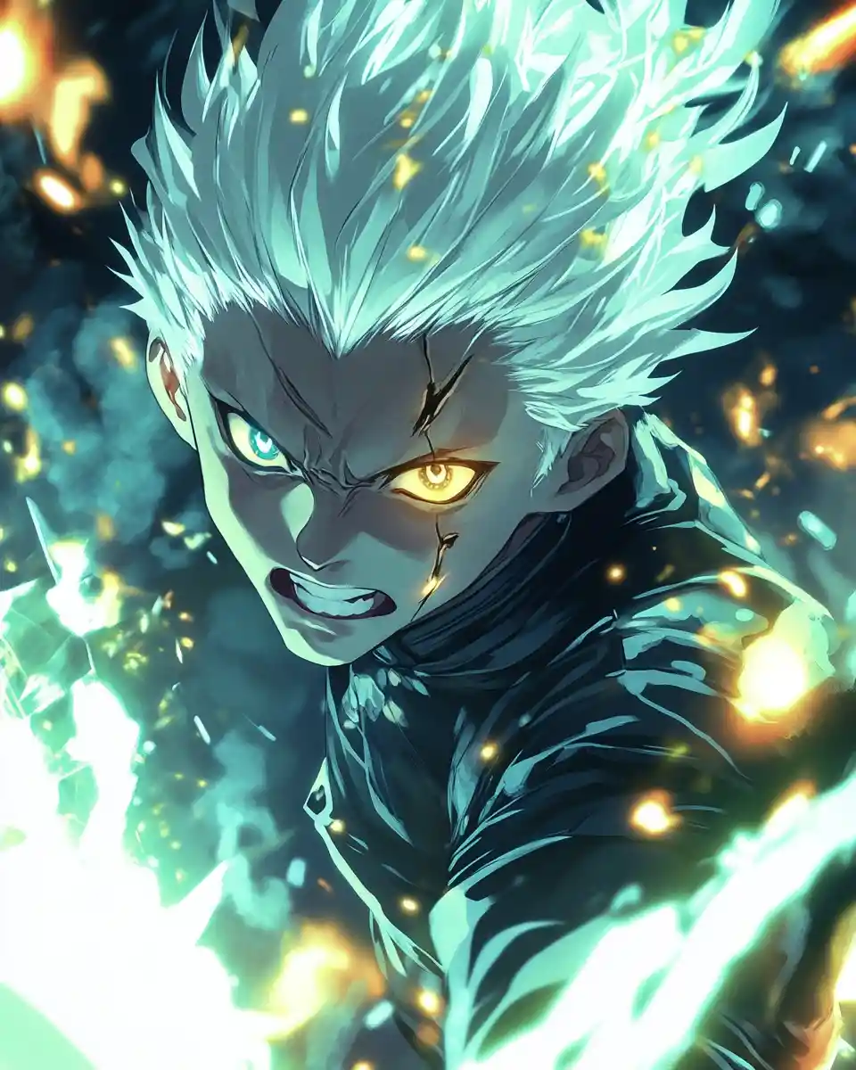 Anime sorcerer with golden energy in neon glow
