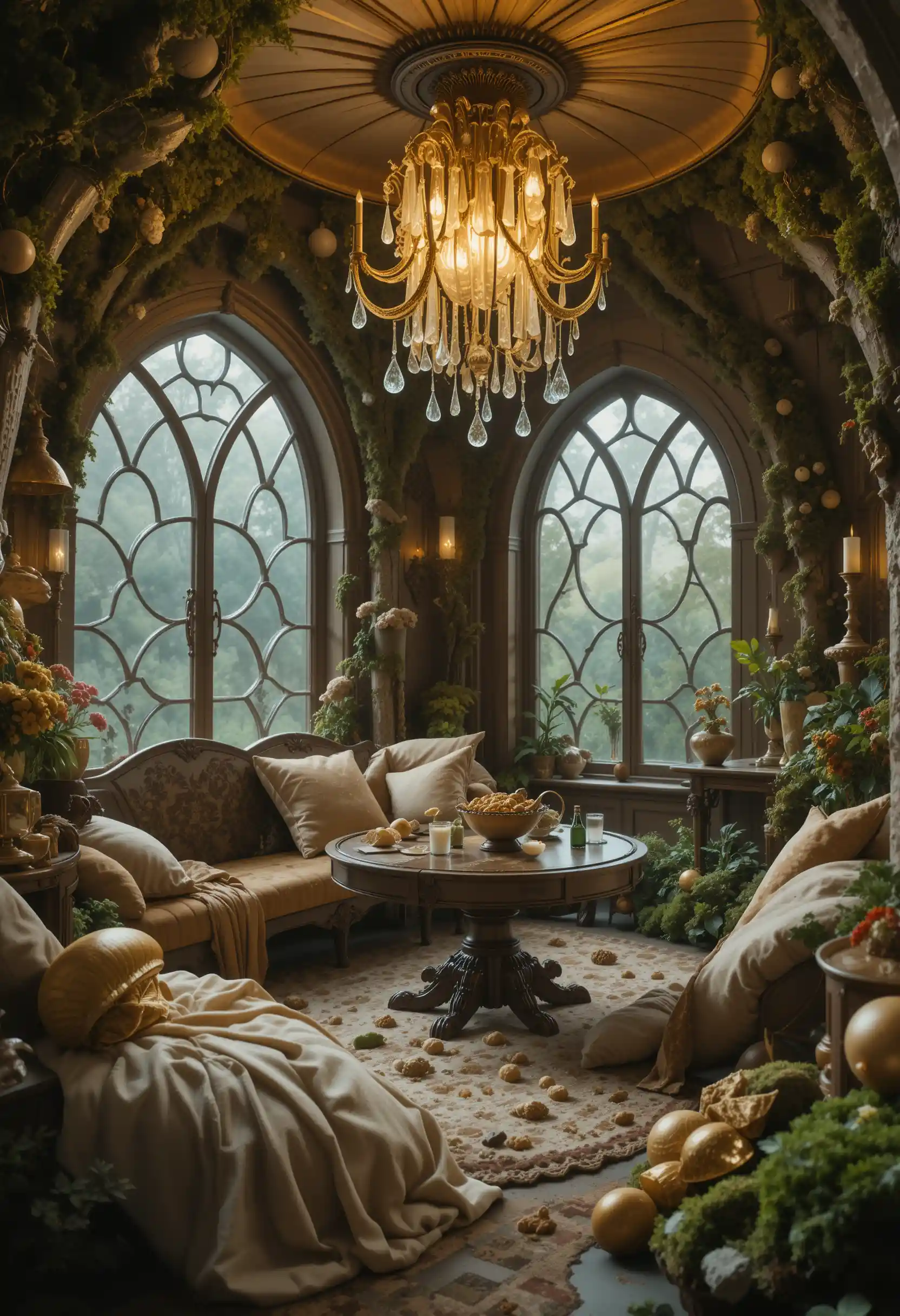 Verzaubertes Pilzhaus-Interieur mit goldener Schnecken-Deko