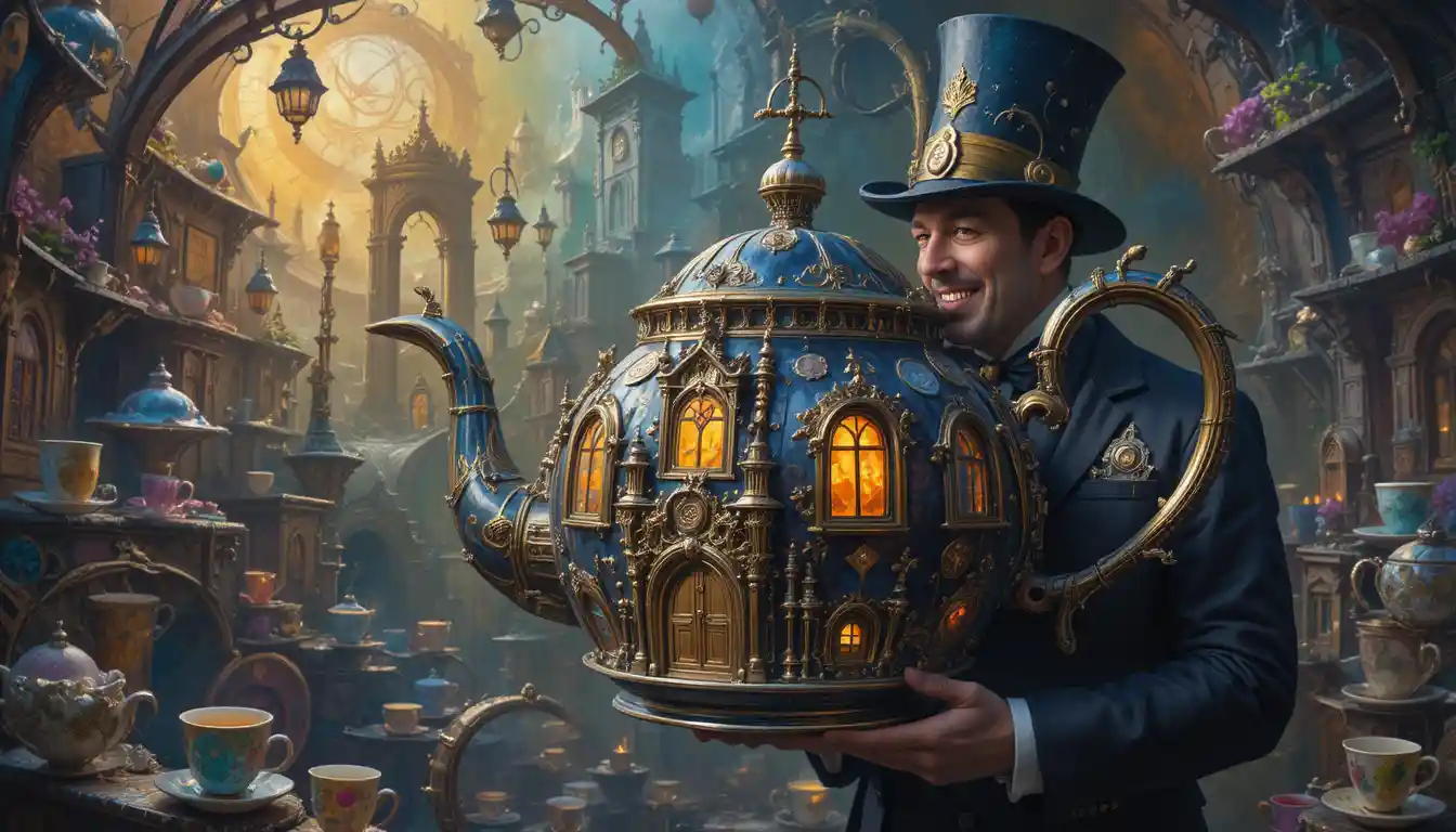 Whimsical hatter presenting a glowing castle teapot