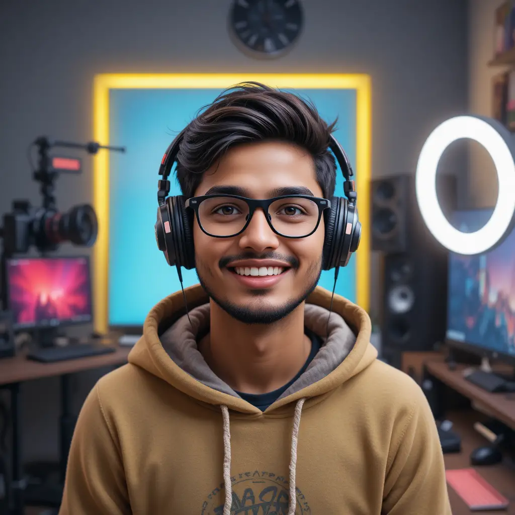 Cheerful young creator at colorful YouTube studio desk