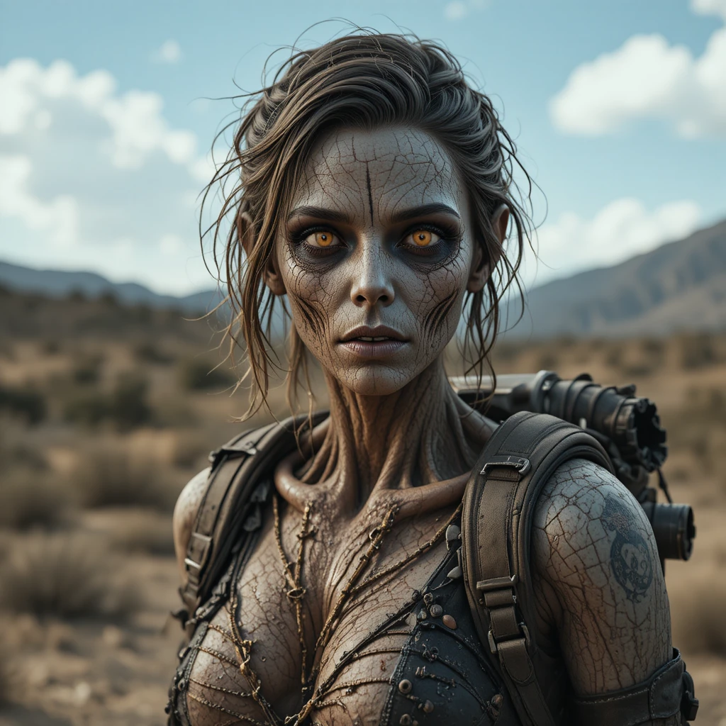 Female ghoul survivor standing alone in a wasteland