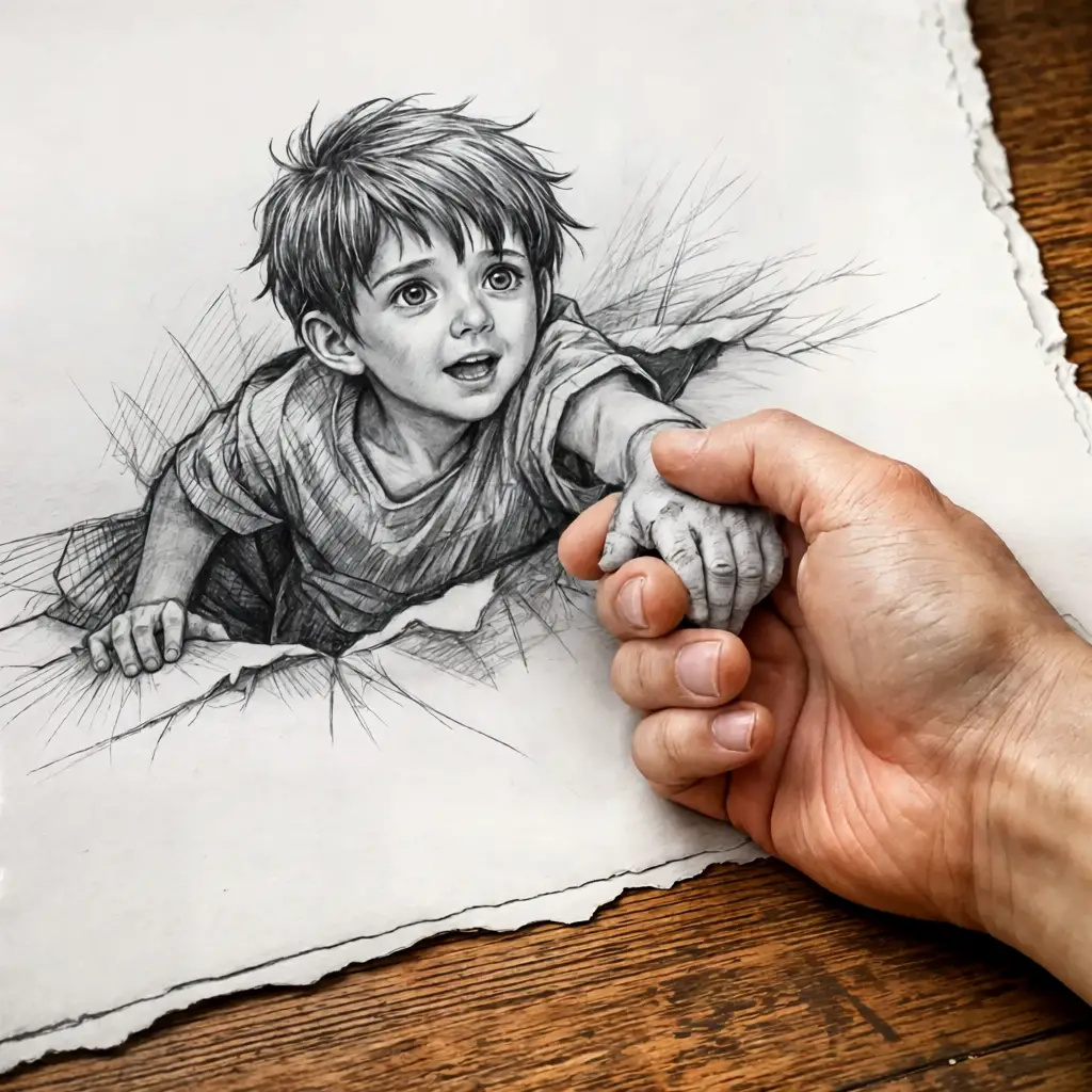好奇孩子從破牆縫隙偷看的素描畫