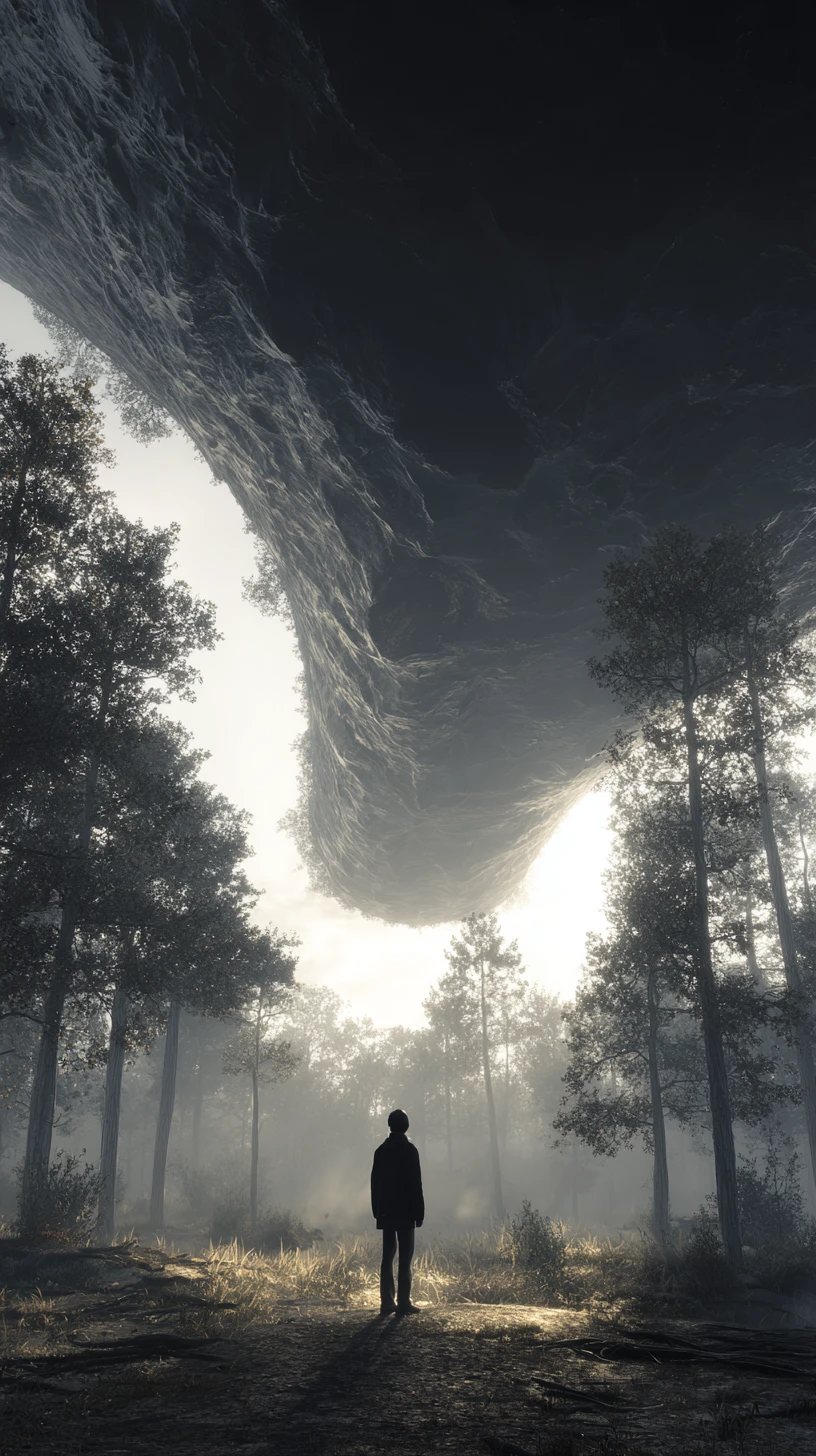 Faceless figure before a calm rupture in ancient forest