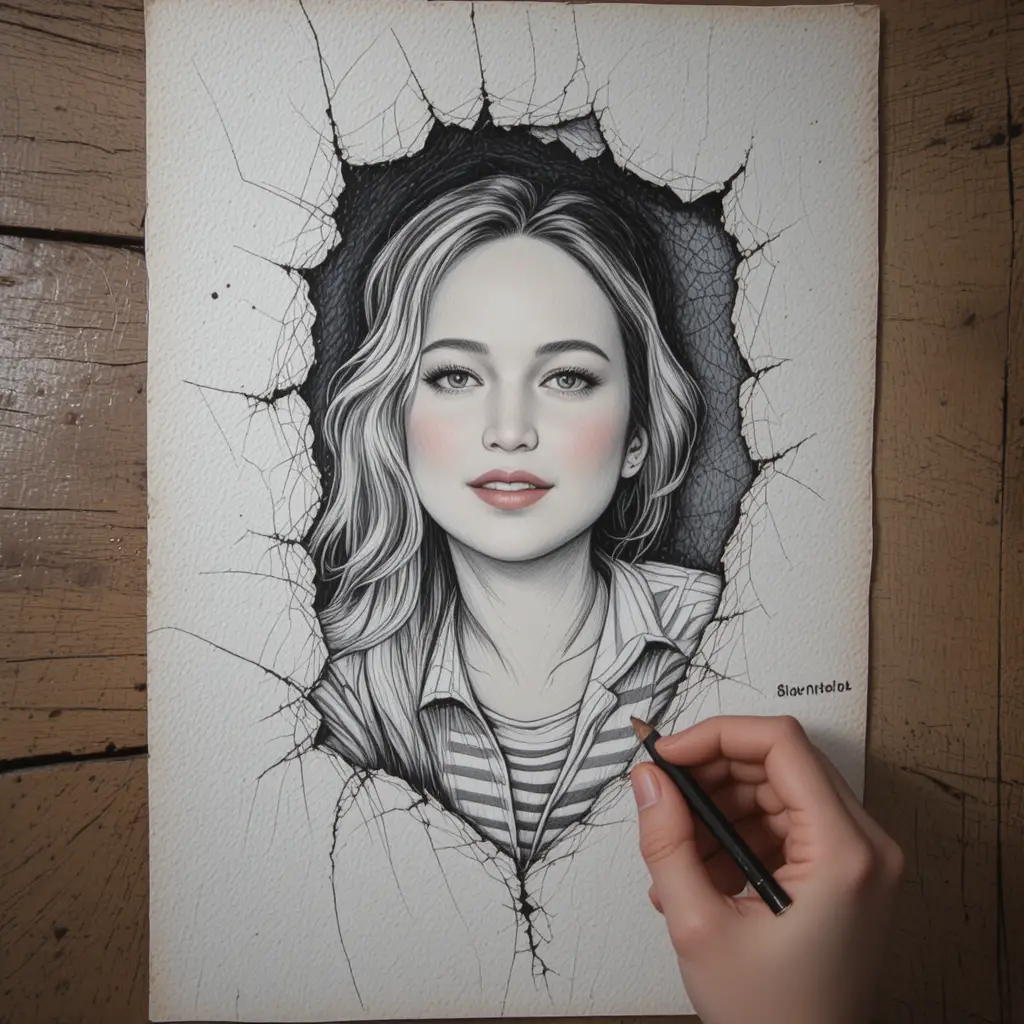 Pencil drawing of a smiling girl peeking through broken wall