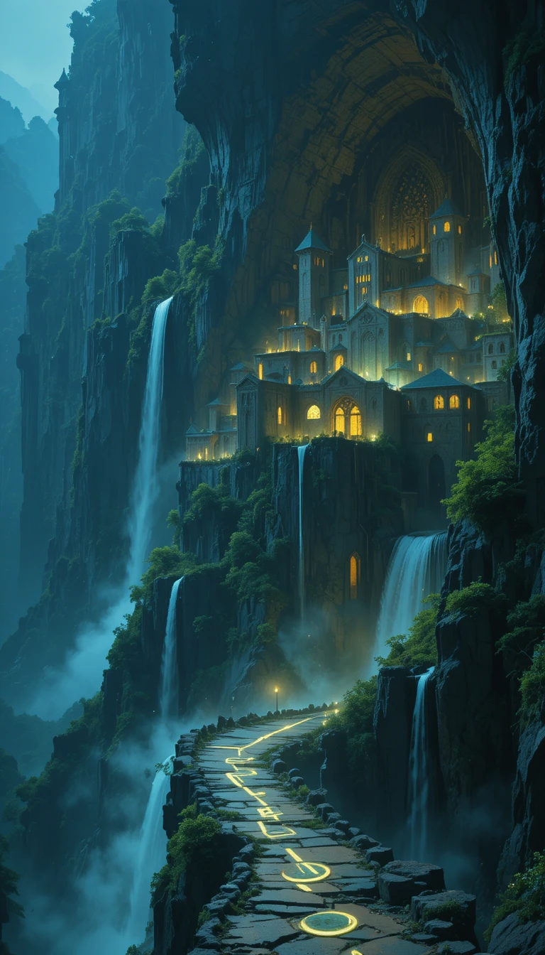 Ancient fantasy city carved into a colossal mountain cliff